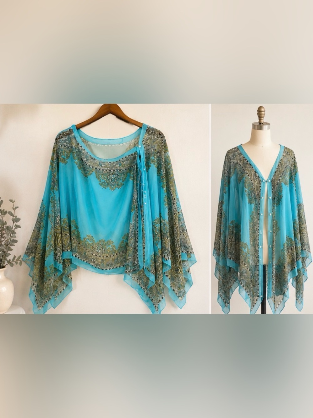 Aqua Paisley-Trim Sheer Tunic Top